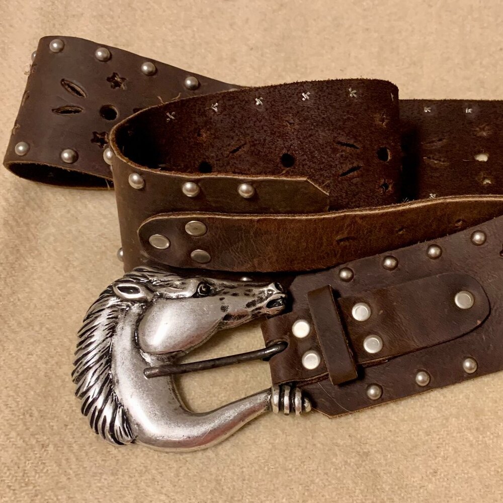 Tasha Polizzi Brown Leather Horse Buckle Belt XL